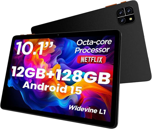 Tablet: 10 Inch Tablet, Android 15 Tablets, 12GB RAM 128GB ROM, Octa-core Processor, IPS HD Display, Widevine L1, WiFi 6 & Bluetooth 5.4, Dual Cameras, Dual Speakers, 6000mAh Battery - Black