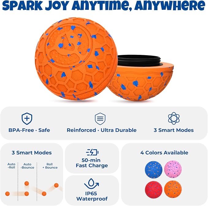 Fsitego Interactive Dog Ball Toys, Automatic Moving Bouncing, Rotating Smart Dog Toy for Small, Medium, Large to Keep Them Busy, Durable E-TPU Material & IP65 Waterproof, 5H Continuous Use(Orange)