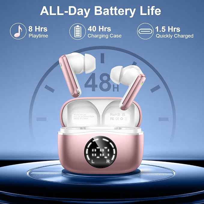 Bluetooth 5.4 Headphones, 2026 3D-Stereo Wireless Earbuds, 48Hrs Deep Bass Ear Buds, 4 ENC Noise Cancelling Mic, USB-C in-Ear Earphones, IP-X7 Waterproof Sport Workout Gym for Laptop Pad Android iOS
