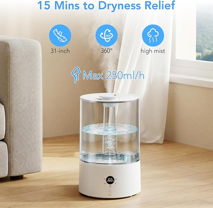 Electactic 3.8L Top Fill Humidifier for Bedroom, Auto Constant Humidity, Smart Control, Quiet Ultrasonic Cool Mist, 360 Nozzle, 3 Mist Levels, 7-Color Light for Home Office Baby Room