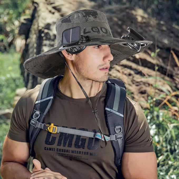 Outdoor Solar Powered Fan Hat for Men Women Breathable Wide Brim Hat with 2 Fans UPF 50+ Fishing Hat Beach Bucket Sun Hat