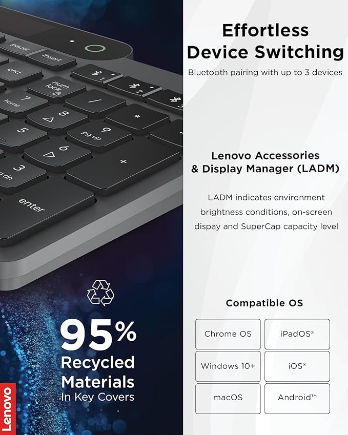 Lenovo 800 Self-Charging Bluetooth Keyboard, Uses Ambient Light for Charging, Bluetooth 5.1, Supports 3 Devices, Battery Free, Wireless, Grey
