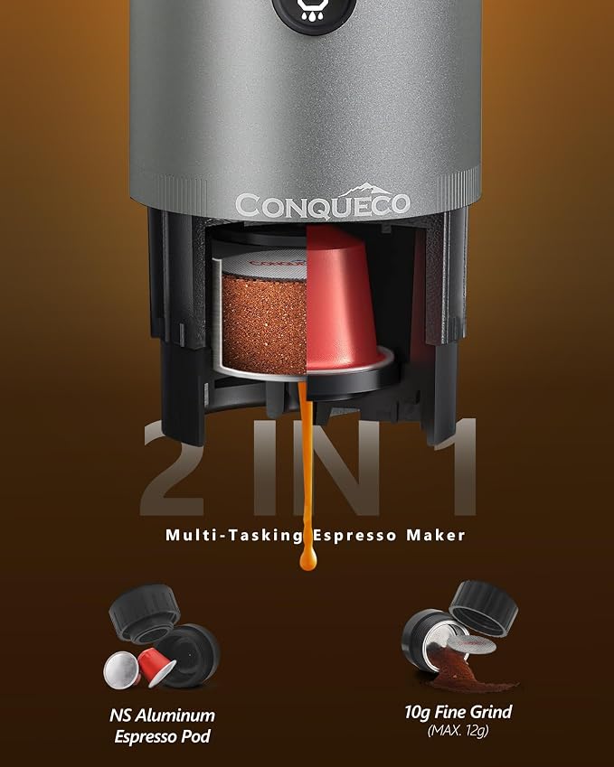 CONQUECO Portable Espresso Machine Travel: 12v Car Coffee Maker with Battery for Camping - Small Electric - 2.5 Mins Heating - Set With Ground Coffee & NS Capsule & Handbag for RV, Hiking, Office