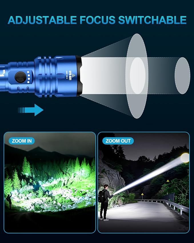 Flashlight 2000 High Lumens, Rechargeable Zoomable LED Tactical Flashlight with Ignition Lens, Emergency Flashlight for Camping Home Security, 5 Modes Waterproof Handheld Flashlights (Blue)