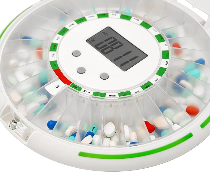 Automatic Pill Dispenser with Flashing Light, Sound, Alarm and Safety Lock, 28-Day Electronic Medication Organizer – Dispense Vitamins and Tablets Up 6 Times/Day – Easy Read Display (Frosted)