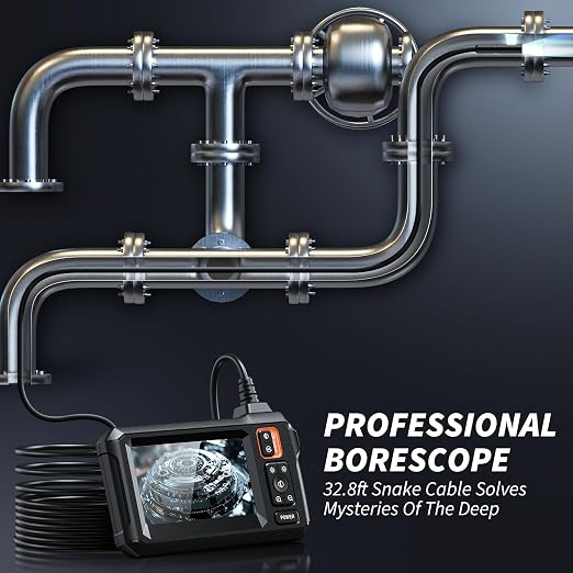 Endoscope Camera with Light, Inspection Borescope Camera with 4.3" IPS Screen, 1920P HD with 8 LED Lights, 32.8FT Semi-Rigid Cord Bore Scope, IP67 Waterproof Endoscope for Sewer, Dual Lens(Orange)