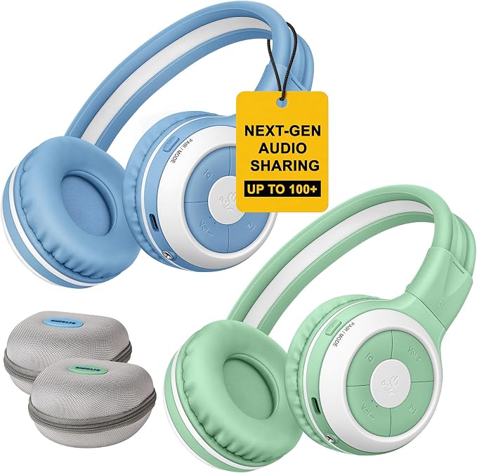 SIMOLIO Manyshare Series- 2 Pack Audio Sharing Bluetooth Kids Headphones for Group Listening, Compatible with Any Single Bluetooth Device for Family School Travel Movies Music, Built-in Mic, Foldable