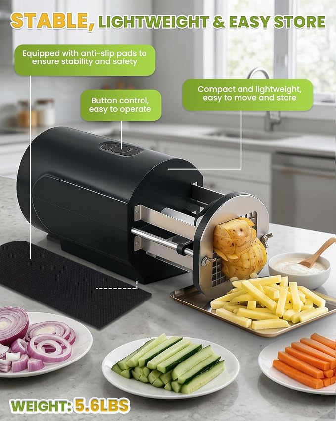 Electric French Fry Cutter with 1/2&3/8 Inch Stainless Steel Blades Professional Potato Cutter's Custom Tray, Automatic Efficient Vegetable Dicer for Carrots, Zucchini, Apples&Onions (Black)