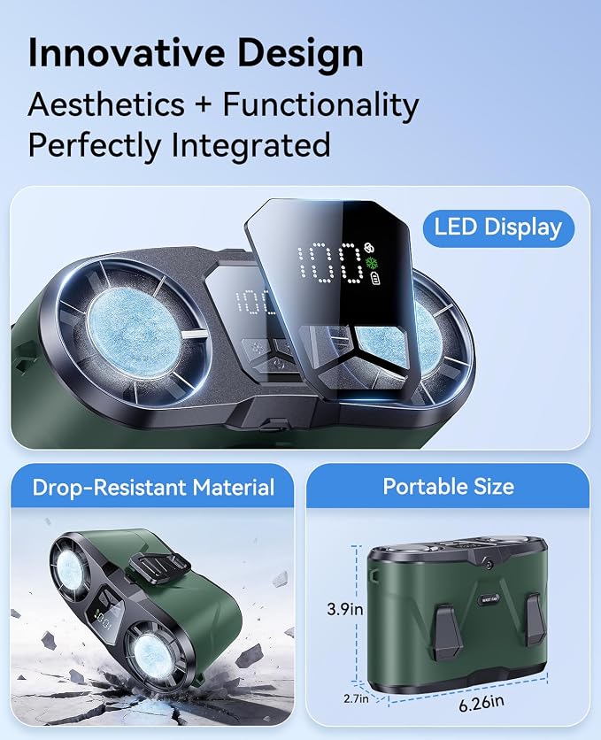 KIMMOO Dual-Motor Rechargeable Waist Fan with Ice Cooling, 25000 RPM High-Speed Neck Belt Clip-on Fan with 10 Gears, LED Display & Flashlight, Hands-Free Personal Fan for Work Outdoor Travel, Green