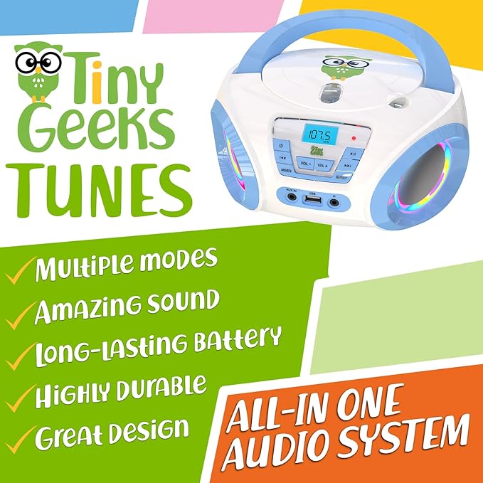 TinyGeeks Tunes Kids Boombox CD Player for Kids - NEW 2023 - FM Radio - Batteries Included - Cute white Radio cd Player with Speakers for Kids and Toddlers - Blue