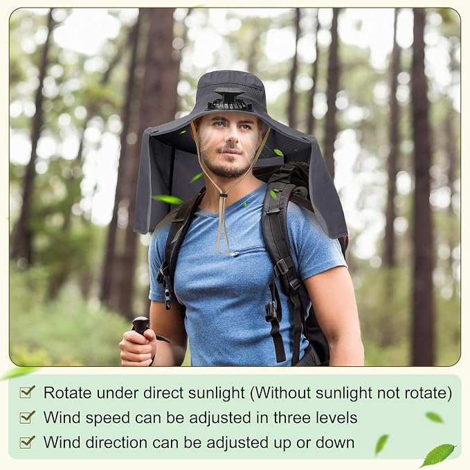 Maiteenly 2 Pcs Solar Fan Hat for Men with Neck Flap Bucket Fan Buit in Hats for Hiking Fishing Outdoor USB and Solar Powered