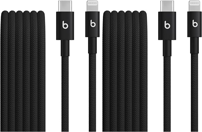 Beats USB-C to Lightning Woven Cable Fast Charging Durable/Tangle-Free Compatible Charger for Apple Devices w Lightning Ports (1.5 m, 5 ft) - Bolt Black, (Pack of 2)