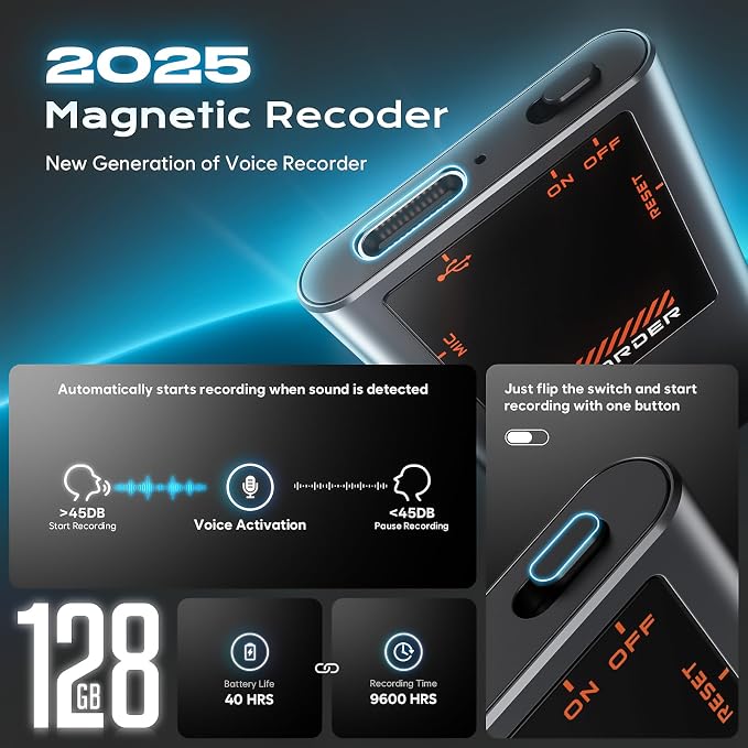 128GB(9600Hrs) Magnetic Voice Activated Recorder, Digital Voice Recorder with DSP 5.0-AI Noise Reduction for Lectures Meeting, Smart Tape Dictaphone Recording Device, Playback, Classes, Interviews