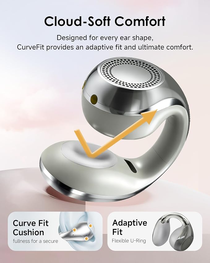 King Lucky Clip-On Earbuds,Comfort Air Cushion Open Ear Earbuds Wireless Bluetooth 6.0 Multipoint, Open Ear Headphones with Mic,Anti-Mistouch,45H Playtime for Sports,Small Ears&Sleep (Silver)