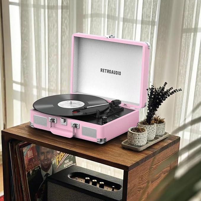 Vinyl Record Player with Built-in Speakers 3-Speed Vintage Record Player Bluetooth Portable Suitcase Turntable Belt-Driven LP Player Support RCA Output and Headphone Output (Pink)