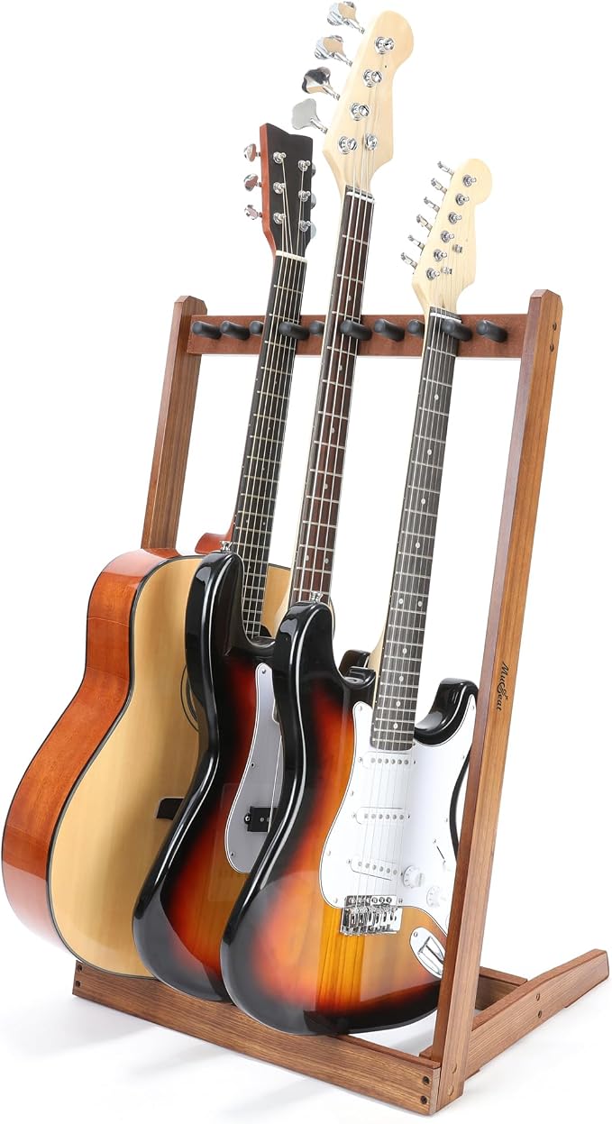 Multiple Guitar Stand, Zebra Wood Guitar Rack for 3 Acoustic, 5 Electric or 5 Bass, Hardwood Multi Instrument Stand for Men, Wooden Floor Instrument Racks for Studio Display, Home Decor