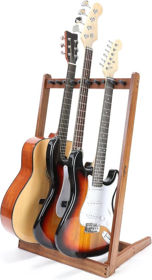 Multiple Guitar Stand, Zebra Wood Guitar Rack for 3 Acoustic, 5 Electric or 5 Bass, Hardwood Multi Instrument Stand for Men, Wooden Floor Instrument Racks for Studio Display, Home Decor