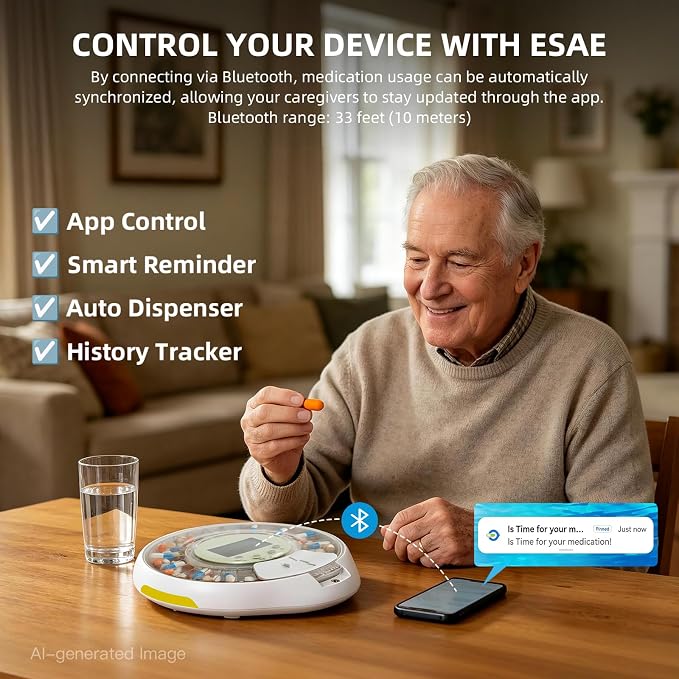 Bluetooth Automatic Pill Dispenser with App/Sound/Light Reminder for Elderly & Caregivers - Up to 9 Alarms/Day, Medication Track History, Front Security Lock & Ergonomic Flip Lid