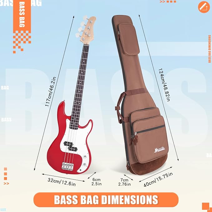 Bass Guitar Bag 0.5 Inch Padding Bass Guitar Case, Bass Electric Guitar Gig Bag Backpack with Neck Strap and 4 Pockets, Brown