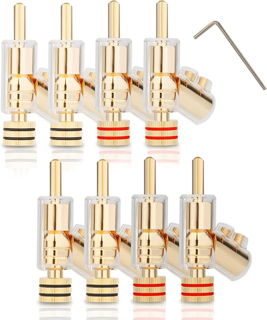 Monosaudio Locking Banana Plugs 8Pcs 45 Degree Banana Connector Double Screw Speaker Plug for 8-15 Guage Speaker Wire,Audio/Video Receiver,Sound Systems with L-Form Hex Wrench(24K Gold Plated)