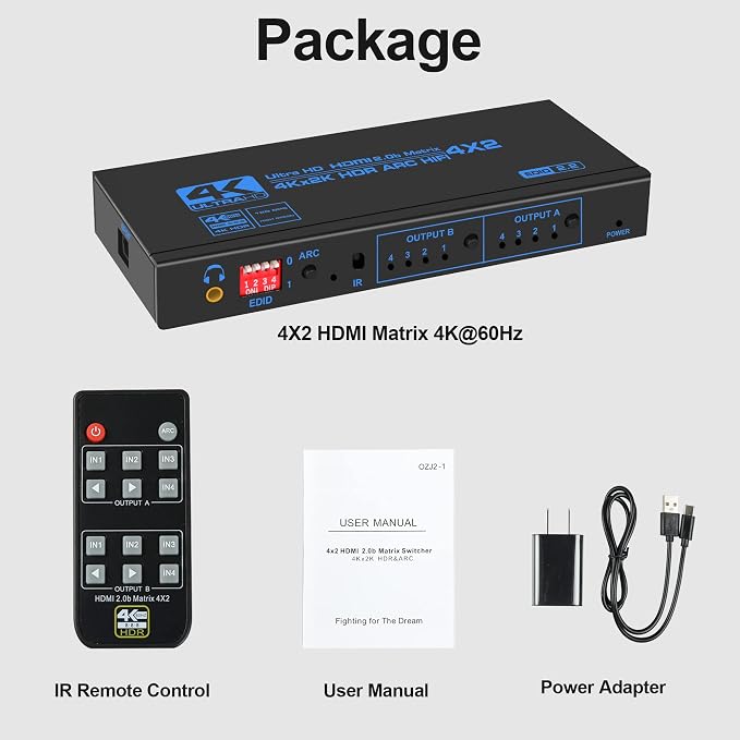 4K@60Hz HDMI Matrix Switch 4X2 with ARC, avedio links 4 in 2 Out Matrix HDMI Video Switcher Splitter + Optical & 3.5mm Stereo Audio, Scaler 4K 1080P Synch, HDM I Audio Extractor with IR Remote Control
