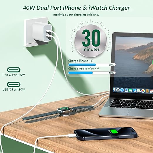 Super Fast Charger for Apple Watch & iPhone, 40W Dual USB C Port Fast Charger Adapter with 6FT Long Apple iWatch Cable and USB C to C Cord Compatible with Apple Watch Series 10/9/8/7/SE/6/5, iPhone 17