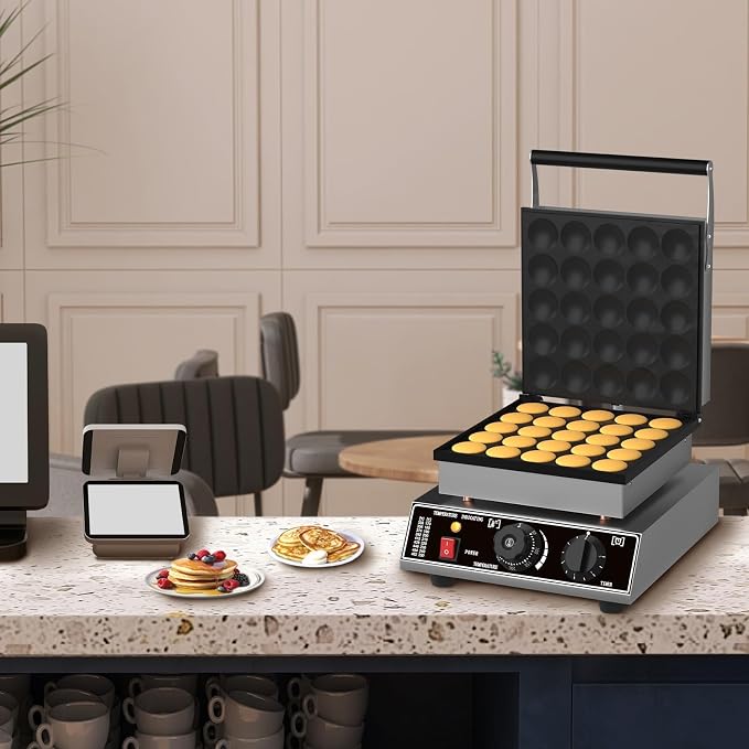 Commercial 25-Piece Mini Dutch Pancake Maker, 1750W Electric Non-Stick Griddle, Adjustable Temp & Timer, Even Heating, Stainless Steel, with Lid, Ideal for Poffertjes, Dorayaki, Restaurant & Home Use