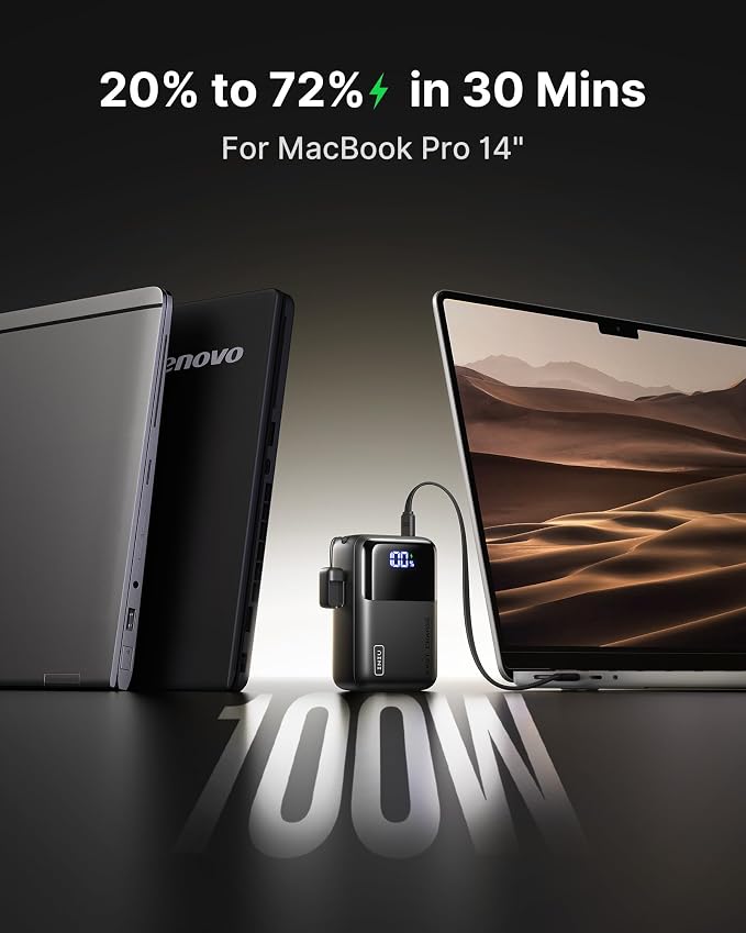 INIU 100W Fast Charging Power Bank, Smallest 25000mAh High Capacity Laptop Portable Charger, 3-Port Battery Phone Pack with Detachable USB C Cable for Travel, Camping, LongTrip, Metallic Silver
