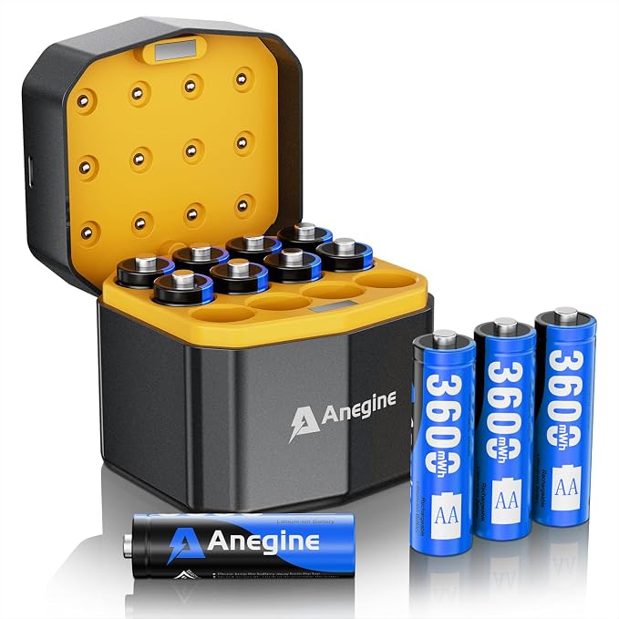 anegine Rechargeable AA Lithium Batteries with 12-Slot Charger, 12-Pack 1.5V 3600mWh Li-ion, 2000+ Cycles, Double A Batteries for Blink Outdoor Camera, Blue