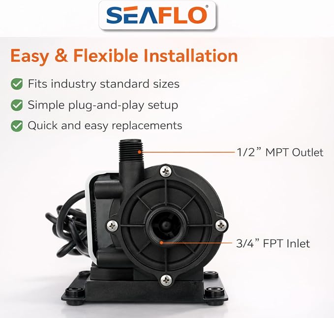 SEAFLO 500 GPH Air Conditioning 230V Marine AC, 8.5 GPM Magnetic Drive Circulation for Systems up to 16,000 BTU, 19 ft Head, Continuous Duty HVAC, 4-Year Warranty