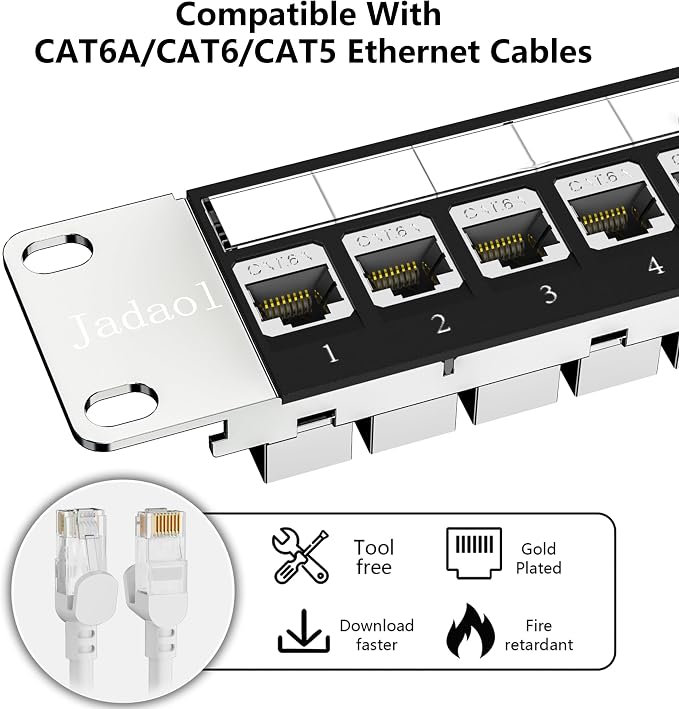 Jadaol [UL Listed] 24-Port Shielded Cat6A Patch Panel, 19” 1U Rackmount/Wall Mount Feed-Through RJ45 Panel with 24 Preloaded Shielded Keystone Couplers + 1 Spare, Up to 10Gbps, Cable Management Bar