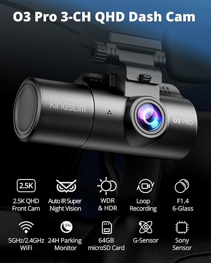 3 Channel Dash Cam Front and Rear Inside - 2.5K Car Dash Camera with 64GB Card, 5GHz WiFi Wireless Dashcam for Cars, APP Control, Super Night Vision, HDR, G-Sensor