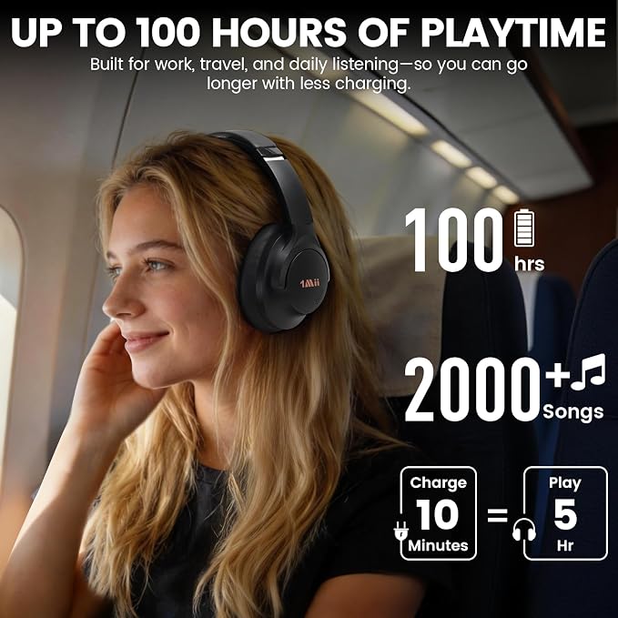 1Mii Y8+ Noise Cancelling Headphones Bluetooth 6.0 Over-Ear Wireless,Black | Hybrid ANC, 100hr Playtime, Comfortable, LDAC Hi-Res Audio, Deep Bass, Custom EQ via APP for Airplane Travel