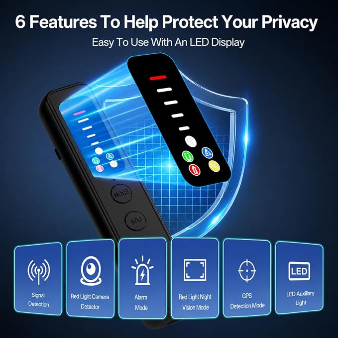 Hidden Camera Detector LED Display Silent Mode Travel Hotels Car | 6 detection modes, spy camera finder, 25H battery, GPS tracker and listening device detector, 5-Level Sensitivity, Compact