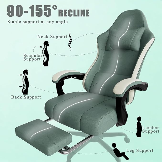 Gaming Chair, High Back Fabric Computer Chair with Pocketed Spring Cushion and Footrest, Height Adjustable Game Chair with Headrest and Lumbar Support (Beige & Blue)