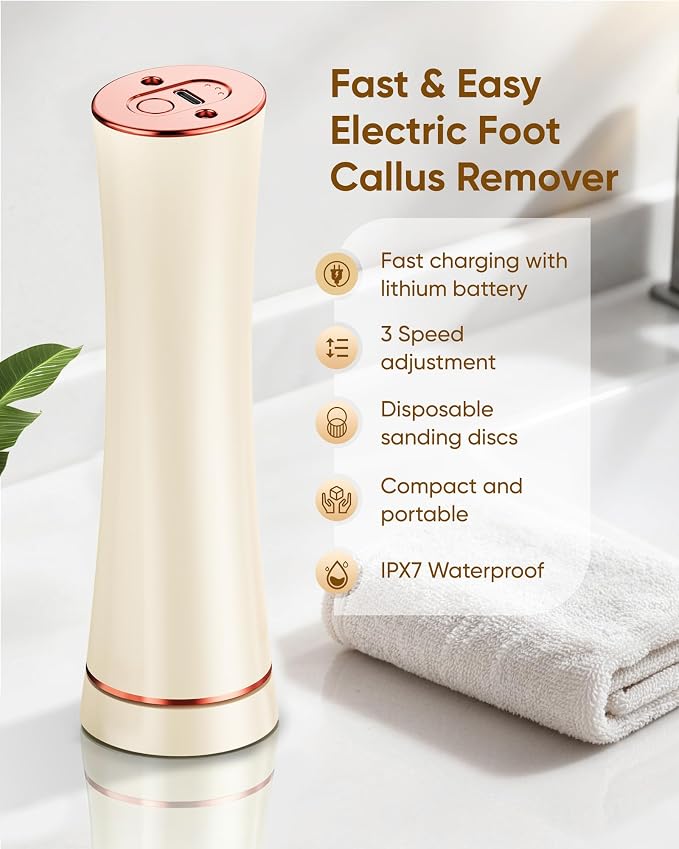 Electric Foot Callus Remover Rechargeable, Portable Electronic Foot File Pedicure Tools, Waterproof Foot Scrubber File, Professional Pedicure Kits, Foot Care for Dead Skin Ideal Gift (Beige)