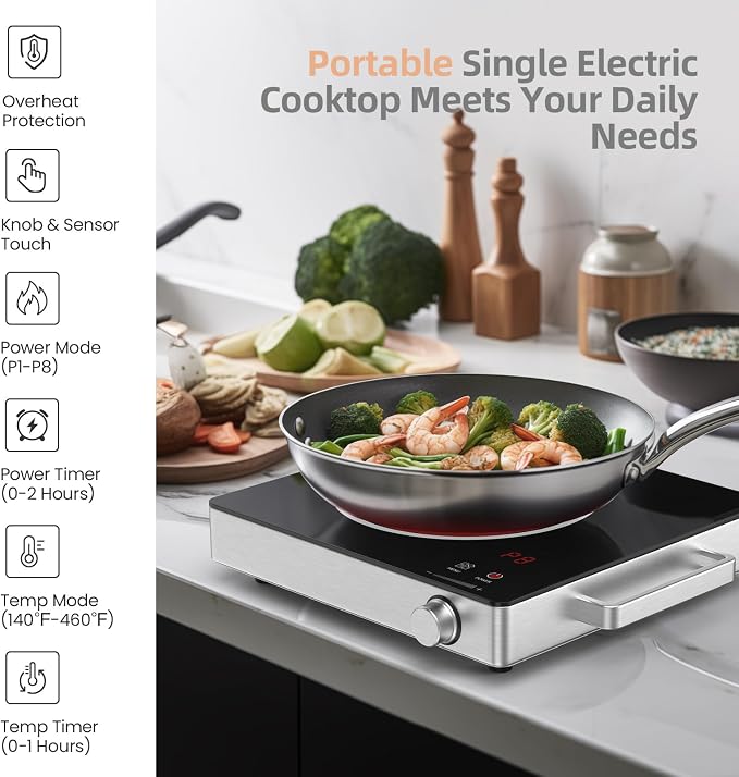 Hot Plate Electric Single Burner,SOPINWAEH 1800W Portable Countertop Ceramic Cooktop For Cooking With Adjustable Temperature & Stay Cool Stainless Steel Handles,Compatible With All Cookware