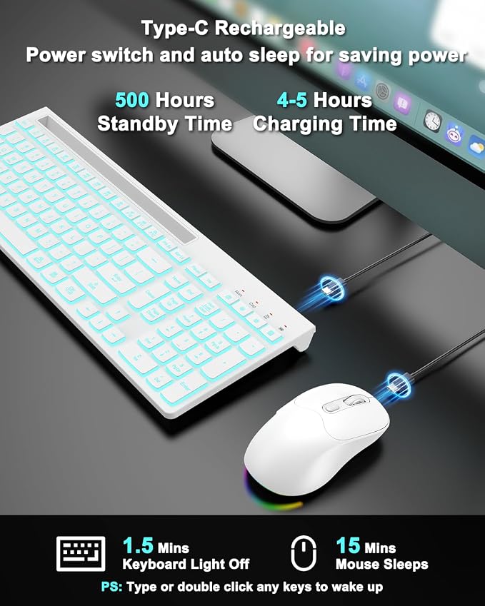 Wireless Keyboard and Mouse Combo, 7 Backlit Effects, Light Up Letters, Rechargeable, Phone Holder, 6 Button Mouse, Ergonomic Tilt Angle, 2.4GHz Silent USB Keyboard Mouse for Laptop, PC