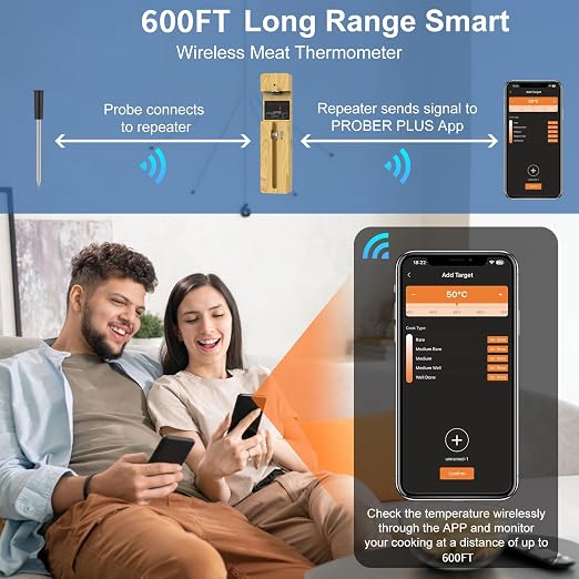 Wireless Meat Thermometer Bluetooth with Ceramic Probe: Waterproof Digital Oven Food Thermometer for Grill Fryer BBQ, 600Ft Range & Smart App for iOS/Android/air, Cooking for Outdoor,Home, Apartment