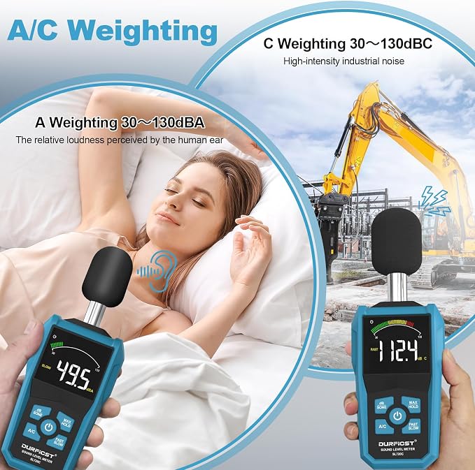Decibel Meter, DURFICST Sound Level Meter with LCD Color Screen, 30-130dB SPL Meter with A/C Weighting, Data Hold, MAX/MIN,dB/SONE Unit,FAST/SLOW Response,for Home, Office, Factory, Noisy Neighbors