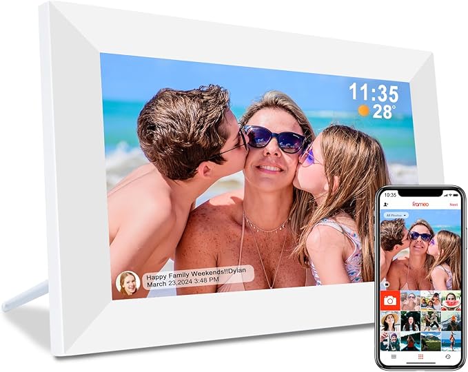 Frameo 10.1" Digital Picture Frame White, Smart WiFi Digital Photo Frame with IPS Touch Screen, 1280x800 HD Display, 32GB Auto-Rotate Wall Mountable, SD/USB Slot, Instant Sharing via Frameo App