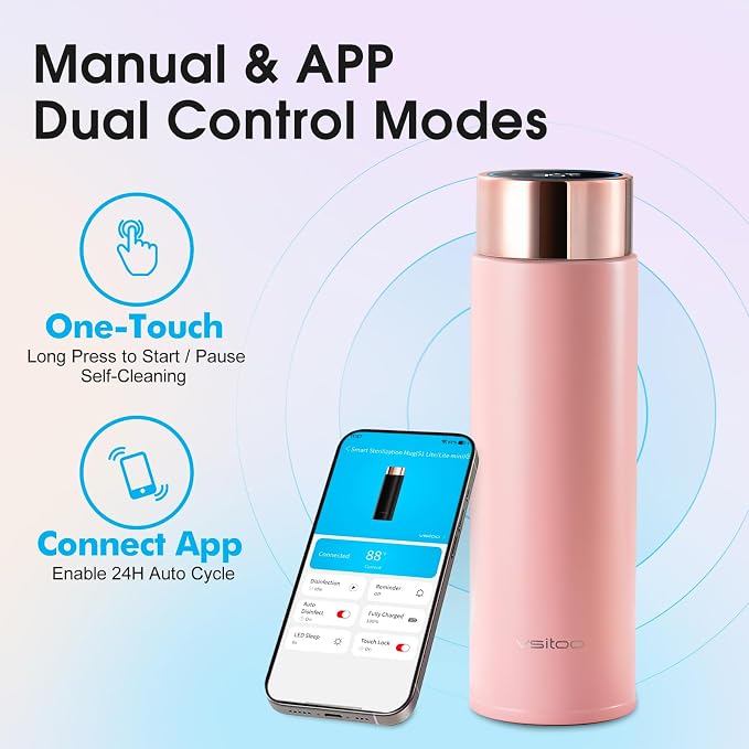 Vsitoo Smart self cleaning Insulated Water Bottle, 15oz Stainless Steel Vacuum Flask, AI Self-Clean, 30-Day Battery Life, BPA-Free, Magnetic Charging, Portable Travel Mug Gifts for Men Women, Pink