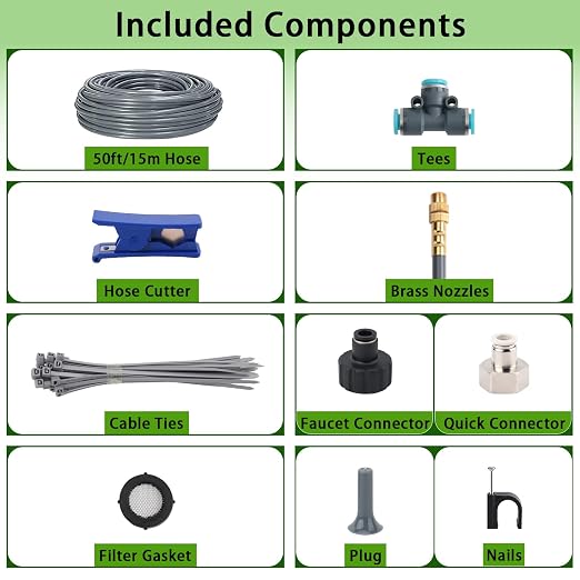 50FT 5/16" Quick-Connect Drip Irrigation System Kit, Automatic Garden Watering System with 15 Pcs Adjustable Spray Nozzles for Garden, Greenhouse, Yard, Lawn