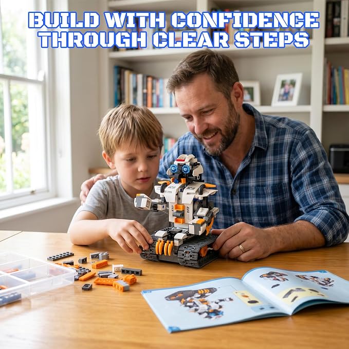 HPROMOT 5-in-1 STEM Coding Robot Building Kit, 688 Pcs APP & Remote Control Programmable Tracked Blocks, Screen Free Engineering Toy, Holiday Birthday Gift for Kids Boys Girls Ages 8–16
