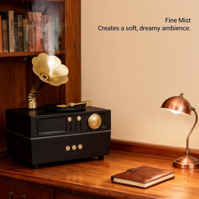 Retro Aromatherapy Humidifier, Unique USB Bluetooth Gramophone Style Vintage Oil Diffuser Cool Mist Machine for Home Relaxation and Bedroom Decor
