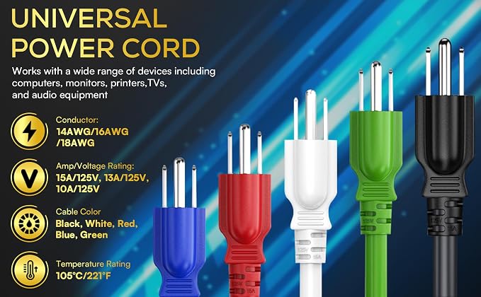Cable Leader 6ft 14AWG Computer Power Cord, NEMA 5-15P to IEC C13 AC Power Cable, Heavy Duty 3-Prong Replacement Power Cord for PC, Monitor, Printer, Server & TV - Blue