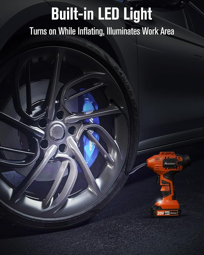 Avid Power Tire Inflator Portable Air Compressor, 20V Cordless Rechargeable Battery Tire Pump w/ 12V Car Power Adapter, Digital Pressure Gauge, Auto Air Pump for Many Inflatables (Orange)