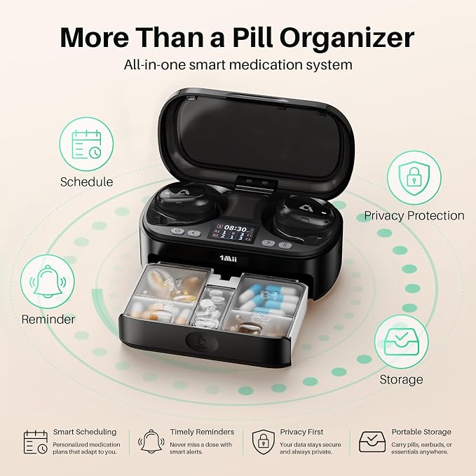 1Mii Smart Pill Dispenser with Alarm, Electronic Pill Organizer with 5 Daily Reminders, App & Vibration Alerts, Travel Pill Box for Vitamins & Medication + Open-Ear Bluetooth Headphones