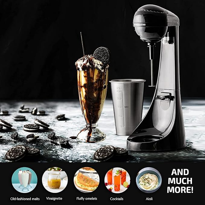 OVENTE Classic Milkshake Maker Machine with 2 Speed Setting, Safety Lock & 15.2 Ounce Stainless Steel Mixing Cup & Rod, Electric Drink Mixer Ideal for Malted Milk, Protein Shakes & More, Black MS2070B