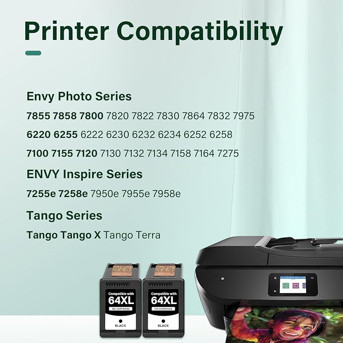 64XL 64 Black Ink Cartridge for HP Printers Replacement for HP64 Ink 64 XL for Envy Photo 7855 7858 7155 7800 7100 6255 7164 Tango Envy Inspire 7900e 7200e 7255e 7955e Series 2-Pack